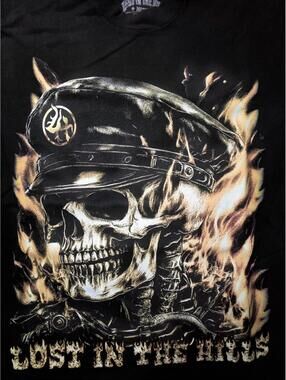 Lost In The Hills Shirt Mens Medium Black Skull Flames Biker
